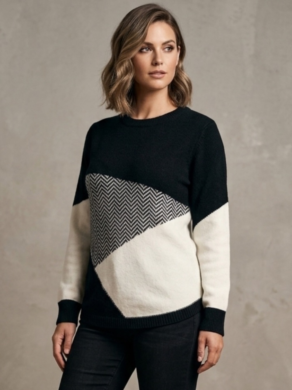 NWT Herringbone Colourblock Pullover Papillon Knit XL Black White Cozy Sweater